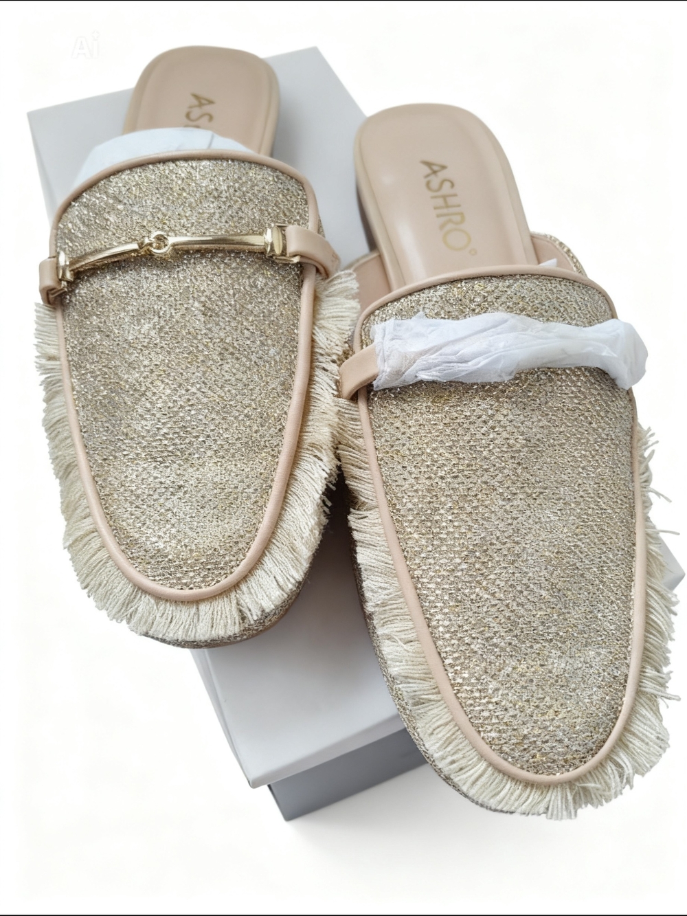 Ashro Metallic Gold Fringe Backless Mules with Nude Trim